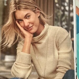 J. Jill Women's Cowlneck Sweater Waffle Knit Plus 2X Beige Yellow Long Sleeve